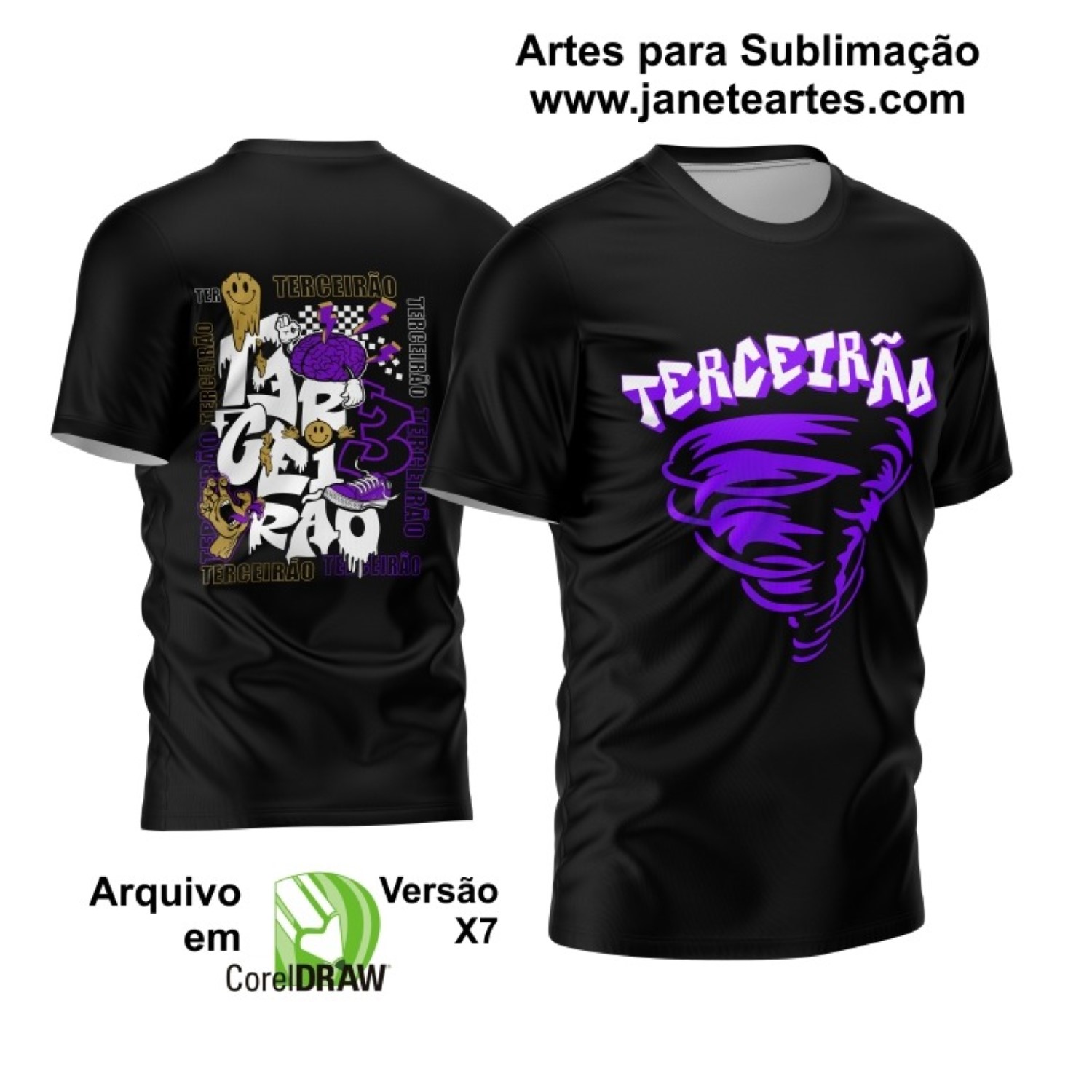 A imagem apresenta a Arte Camisa Terceirão 2023 em vetor, com uma composição de elementos gráficos em cores vibrantes e modernas, destacando o ano da formatura.