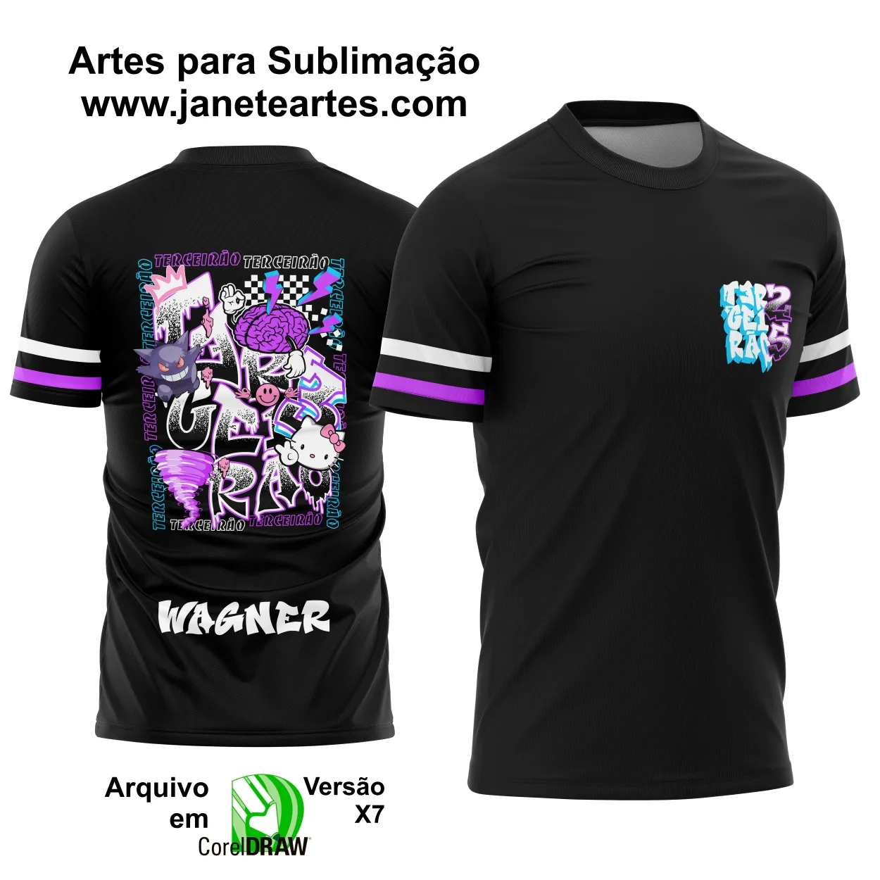 Arte Estampa Camisa Terceirão Gengar e Hello Kitty 2025