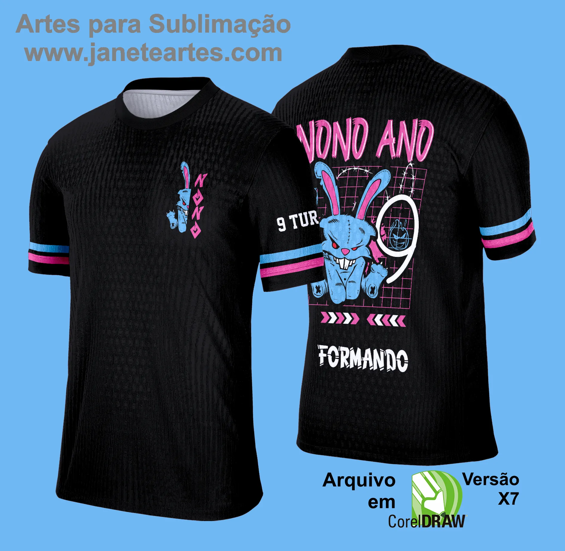 Arte Vetor Camisa Formandos Nono Ano 2025: Coelho Azul e Rosa