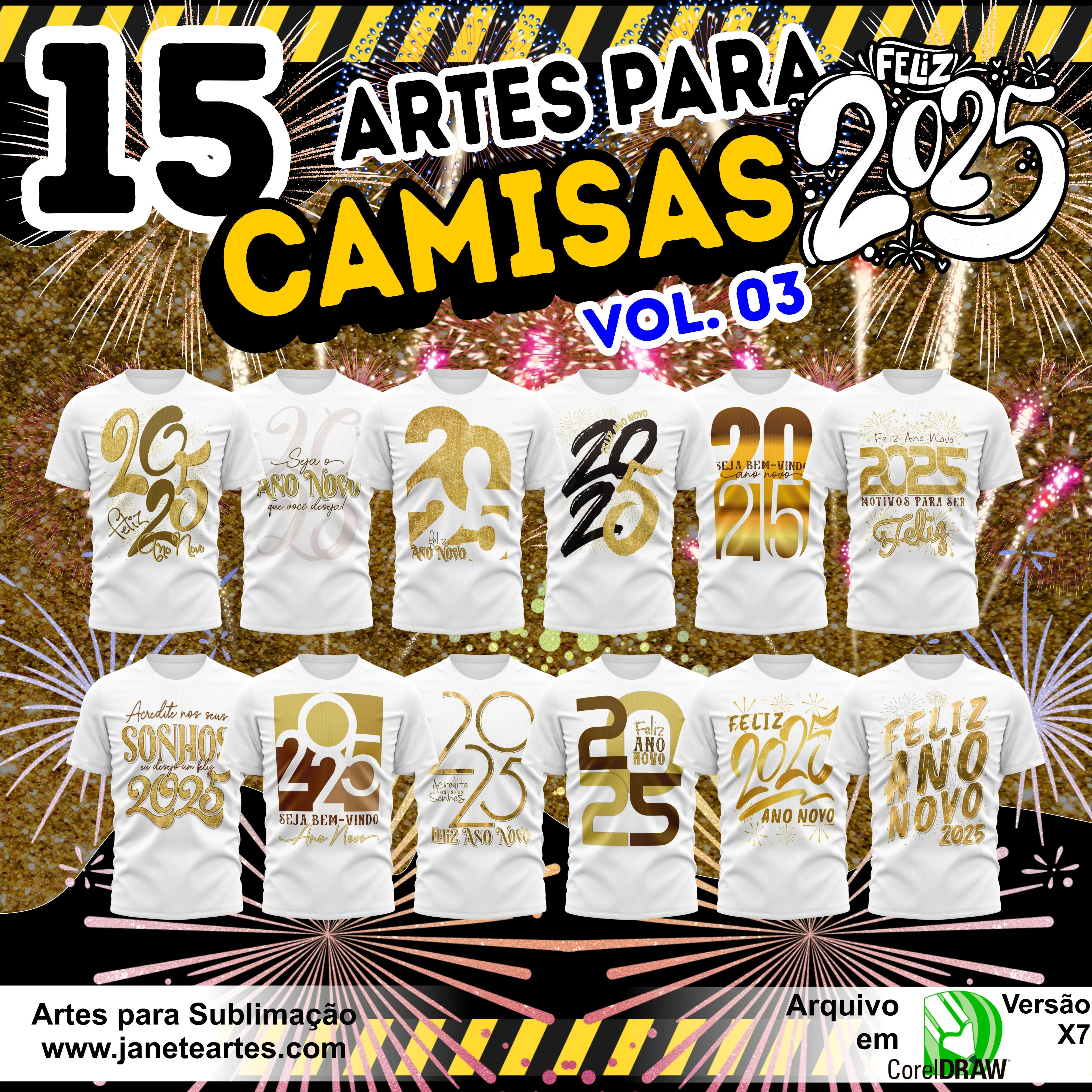 Kit 15 Artes Vetor Camisa Ano Novo Réveillon 2025