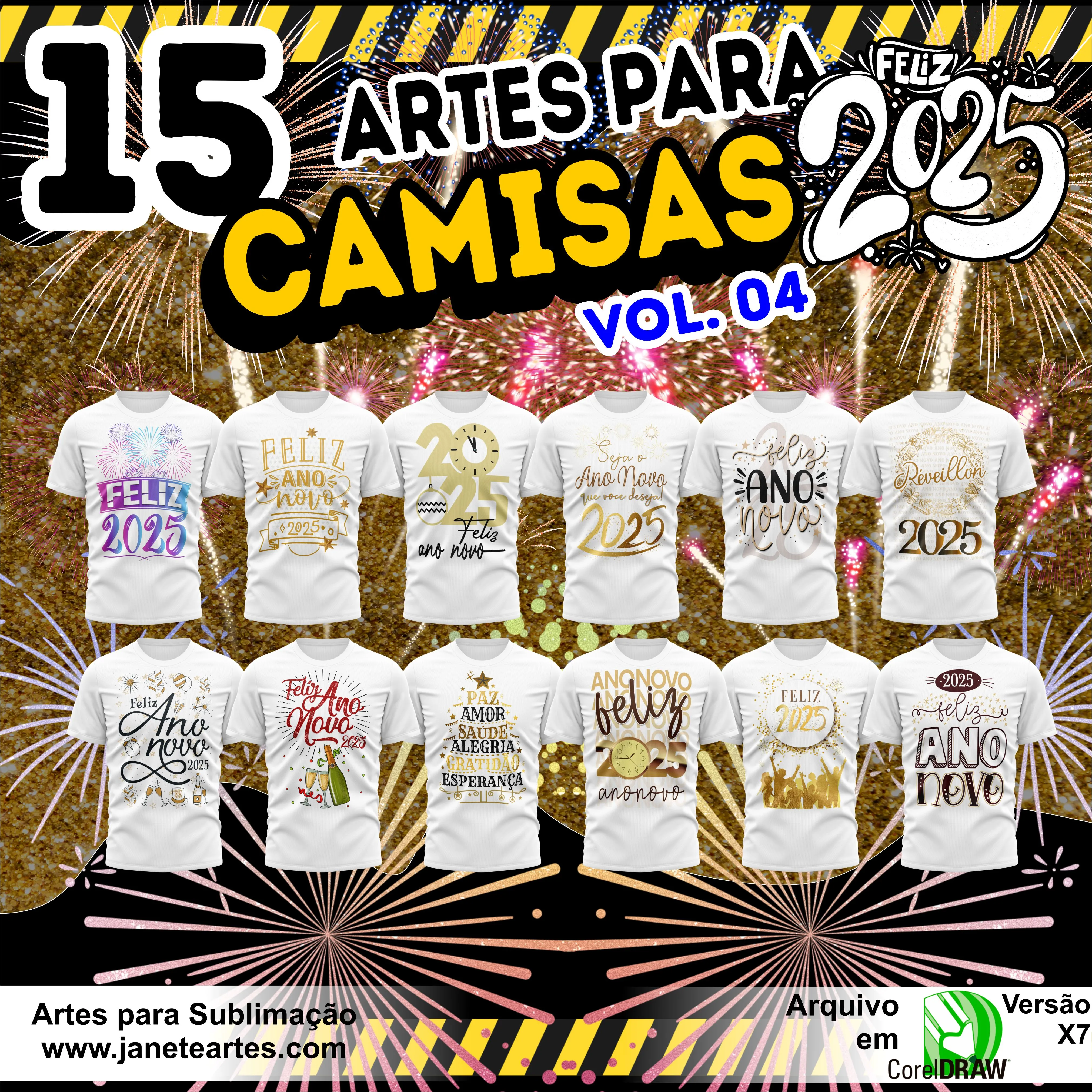 Kit 15 Artes Vetor Camisa Ano Novo Réveillon 2025 V4