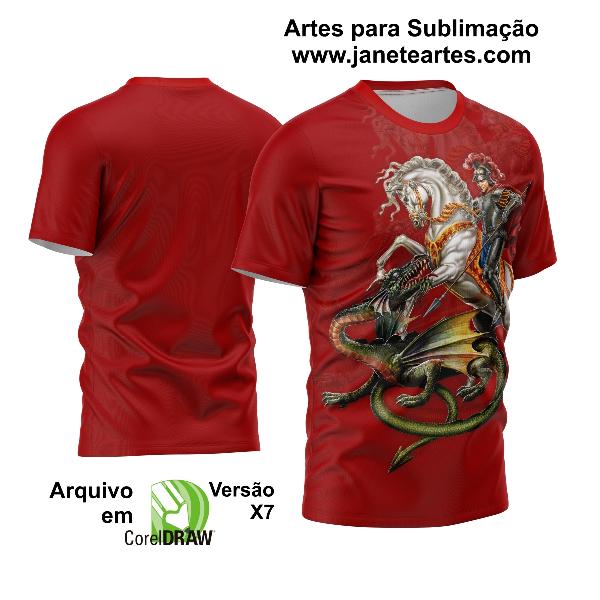 A imagem apresenta a Arte Camisa São Jorge Vermelha, com a figura de São Jorge em destaque, segurando uma espada e um escudo, em um fundo vermelho vibrante.