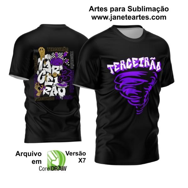 A imagem apresenta a Arte Camisa Terceirão 2023 em vetor, com uma composição de elementos gráficos em cores vibrantes e modernas, destacando o ano da formatura.