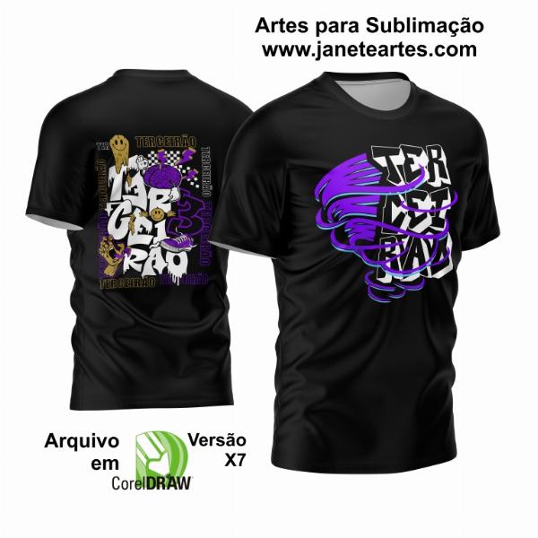 A imagem da Arte Camisa Terceirão 2023 mostra uma camiseta preta com uma arte exclusiva inspirada nas tendências de furacão e grafite. A arte é composta por linhas abstratas em branco e cinza, com destaque para o número 