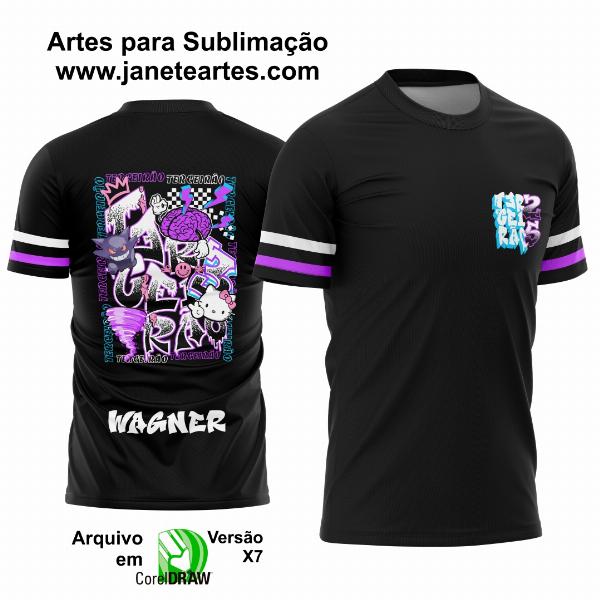 Arte Estampa Camisa Terceirão Gengar e Hello Kitty 2025