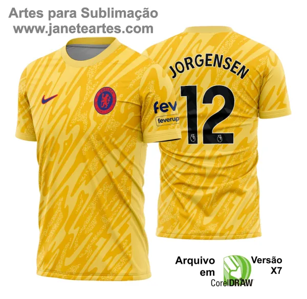 Uniforme de futebol personalizado, projetado para times amadores ou profissionais, com design moderno e arrojado. Apresenta uma combinação de cores contrastantes, logotipo ou escudo do time em destaque no peito, e detalhes gráficos na frente e nas mangas. Na parte traseira, há espaço para personalização com nome e número do jogador, garantindo identidade ao time. Ideal para jogos oficiais, amistosos ou competições, oferecendo estilo e funcionalidade.