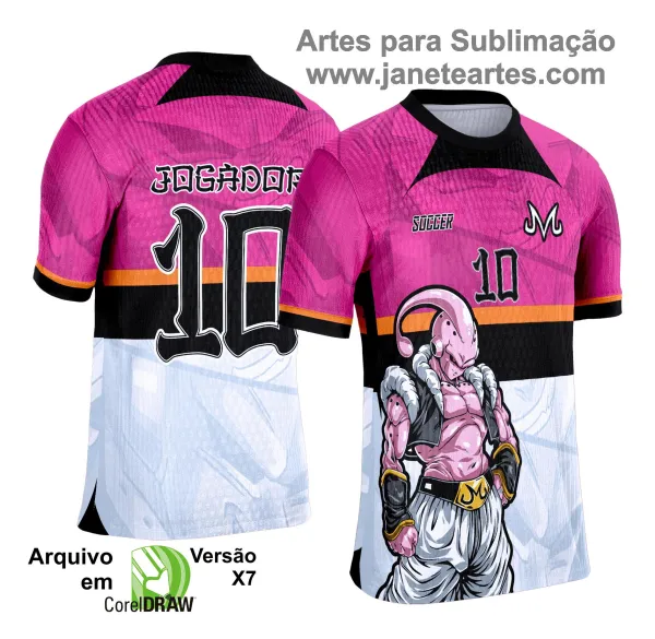 Camisa esportiva personalizada com design exclusivo, apresentando uma estampa gráfica detalhada na parte frontal, incorporando elementos artísticos como animais ou símbolos. O modelo inclui cores vibrantes e contrastantes, com detalhes adicionais como textos estilizados em diferentes idiomas. Na parte traseira, estão disponíveis personalizações com nome e número em destaque. Perfeita para jogos de interclasse, times amadores ou eventos esportivos personalizados.