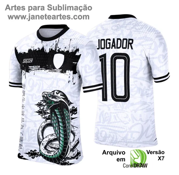 Camisa esportiva personalizada com design exclusivo, apresentando uma estampa gráfica detalhada na parte frontal, incorporando elementos artísticos como animais ou símbolos. O modelo inclui cores vibrantes e contrastantes, com detalhes adicionais como textos estilizados em diferentes idiomas. Na parte traseira, estão disponíveis personalizações com nome e número em destaque. Perfeita para jogos de interclasse, times amadores ou eventos esportivos personalizados.