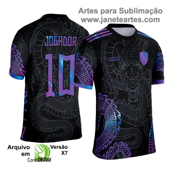 Camisa esportiva personalizada com design exclusivo, apresentando uma estampa gráfica detalhada na parte frontal, incorporando elementos artísticos como animais ou símbolos. O modelo inclui cores vibrantes e contrastantes, com detalhes adicionais como textos estilizados em diferentes idiomas. Na parte traseira, estão disponíveis personalizações com nome e número em destaque. Perfeita para jogos de interclasse, times amadores ou eventos esportivos personalizados.