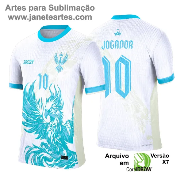 Camisa esportiva personalizada com design exclusivo, apresentando uma estampa gráfica detalhada na parte frontal, incorporando elementos artísticos como animais ou símbolos. O modelo inclui cores vibrantes e contrastantes, com detalhes adicionais como textos estilizados em diferentes idiomas. Na parte traseira, estão disponíveis personalizações com nome e número em destaque. Perfeita para jogos de interclasse, times amadores ou eventos esportivos personalizados.