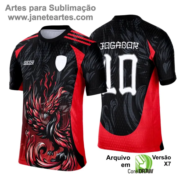 Camisa esportiva personalizada com design exclusivo, apresentando uma estampa gráfica detalhada na parte frontal, incorporando elementos artísticos como animais ou símbolos. O modelo inclui cores vibrantes e contrastantes, com detalhes adicionais como textos estilizados em diferentes idiomas. Na parte traseira, estão disponíveis personalizações com nome e número em destaque. Perfeita para jogos de interclasse, times amadores ou eventos esportivos personalizados.