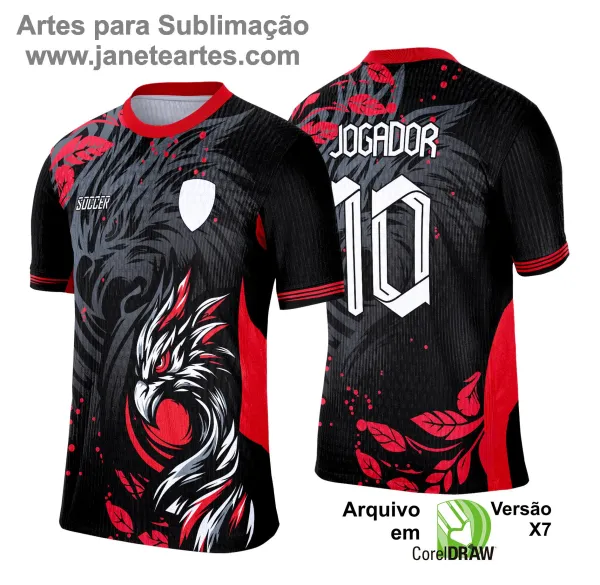 Camisa esportiva personalizada com design exclusivo, apresentando uma estampa gráfica detalhada na parte frontal, incorporando elementos artísticos como animais ou símbolos. O modelo inclui cores vibrantes e contrastantes, com detalhes adicionais como textos estilizados em diferentes idiomas. Na parte traseira, estão disponíveis personalizações com nome e número em destaque. Perfeita para jogos de interclasse, times amadores ou eventos esportivos personalizados.