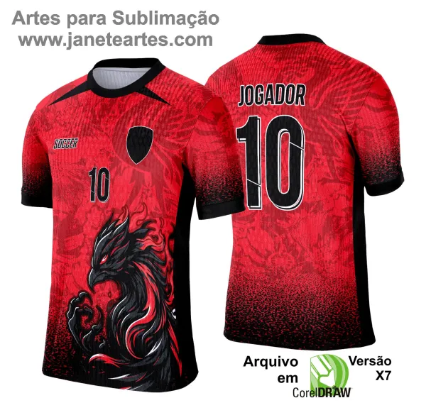 Camisa esportiva personalizada com design exclusivo, apresentando uma estampa gráfica detalhada na parte frontal, incorporando elementos artísticos como animais ou símbolos. O modelo inclui cores vibrantes e contrastantes, com detalhes adicionais como textos estilizados em diferentes idiomas. Na parte traseira, estão disponíveis personalizações com nome e número em destaque. Perfeita para jogos de interclasse, times amadores ou eventos esportivos personalizados.