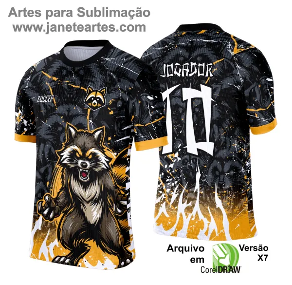 Camisa esportiva personalizada com design exclusivo, apresentando uma estampa gráfica detalhada na parte frontal, incorporando elementos artísticos como animais ou símbolos. O modelo inclui cores vibrantes e contrastantes, com detalhes adicionais como textos estilizados em diferentes idiomas. Na parte traseira, estão disponíveis personalizações com nome e número em destaque. Perfeita para jogos de interclasse, times amadores ou eventos esportivos personalizados.