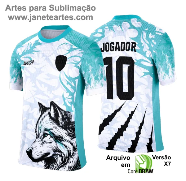 Camisa esportiva personalizada com design exclusivo, apresentando uma estampa gráfica detalhada na parte frontal, incorporando elementos artísticos como animais ou símbolos. O modelo inclui cores vibrantes e contrastantes, com detalhes adicionais como textos estilizados em diferentes idiomas. Na parte traseira, estão disponíveis personalizações com nome e número em destaque. Perfeita para jogos de interclasse, times amadores ou eventos esportivos personalizados.