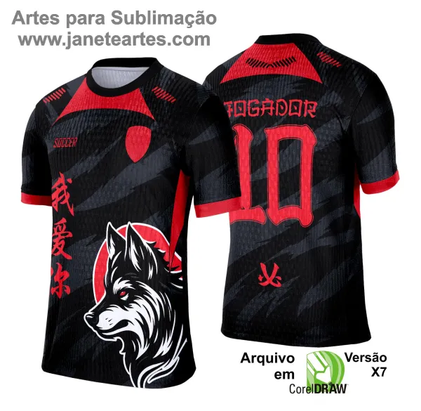 Camisa esportiva personalizada com design exclusivo, apresentando uma estampa gráfica detalhada na parte frontal, incorporando elementos artísticos como animais ou símbolos. O modelo inclui cores vibrantes e contrastantes, com detalhes adicionais como textos estilizados em diferentes idiomas. Na parte traseira, estão disponíveis personalizações com nome e número em destaque. Perfeita para jogos de interclasse, times amadores ou eventos esportivos personalizados.