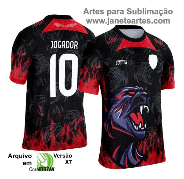 Camisa esportiva personalizada com design exclusivo, apresentando uma estampa gráfica detalhada na parte frontal, incorporando elementos artísticos como animais ou símbolos. O modelo inclui cores vibrantes e contrastantes, com detalhes adicionais como textos estilizados em diferentes idiomas. Na parte traseira, estão disponíveis personalizações com nome e número em destaque. Perfeita para jogos de interclasse, times amadores ou eventos esportivos personalizados.