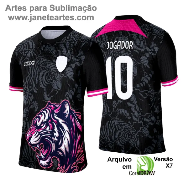 Camisa esportiva personalizada com design exclusivo, apresentando uma estampa gráfica detalhada na parte frontal, incorporando elementos artísticos como animais ou símbolos. O modelo inclui cores vibrantes e contrastantes, com detalhes adicionais como textos estilizados em diferentes idiomas. Na parte traseira, estão disponíveis personalizações com nome e número em destaque. Perfeita para jogos de interclasse, times amadores ou eventos esportivos personalizados.