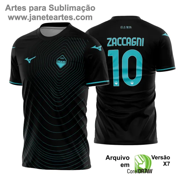 Uniforme de futebol personalizado, projetado para times amadores ou profissionais, com design moderno e arrojado. Apresenta uma combinação de cores contrastantes, logotipo ou escudo do time em destaque no peito, e detalhes gráficos na frente e nas mangas. Na parte traseira, há espaço para personalização com nome e número do jogador, garantindo identidade ao time. Ideal para jogos oficiais, amistosos ou competições, oferecendo estilo e funcionalidade.