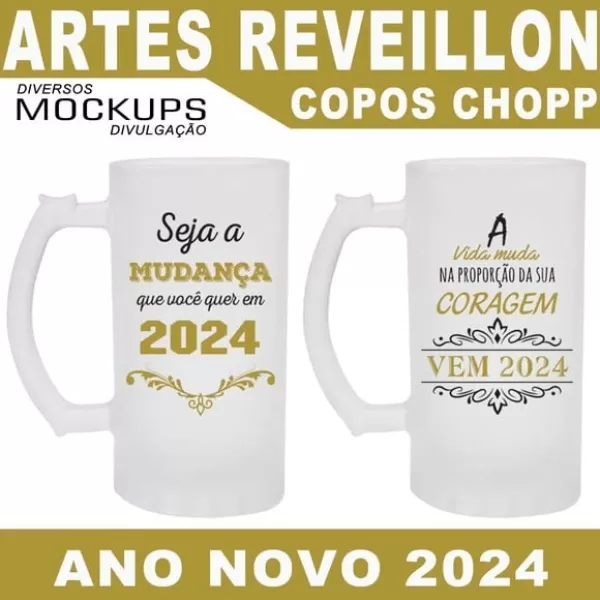 Artes Sublimação Copos Canecas Chopp Reveillon Ano Novo 2024