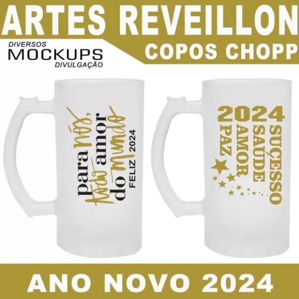 Artes Sublimação Copos Canecas Chopp Reveillon Ano Novo 2024