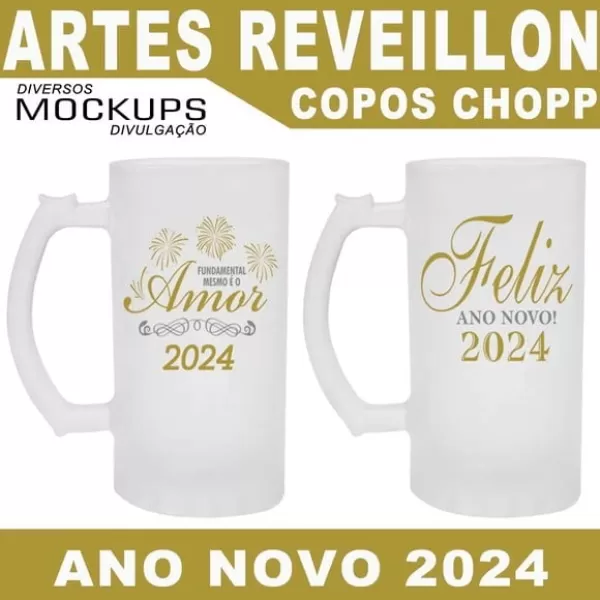 Artes Sublimação Copos Canecas Chopp Reveillon Ano Novo 2024