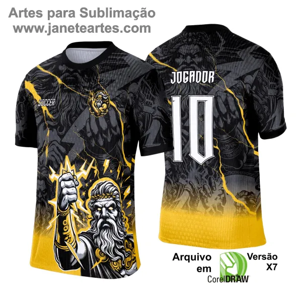 Camisa de Interclasse com figura de ZEUS com raios Raios - Camisa preta com detalhes amarelo