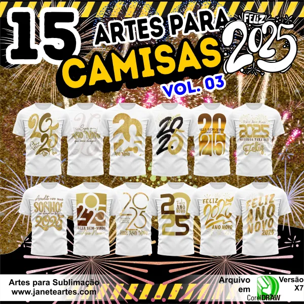 Kit 15 Artes Vetor Camisa Ano Novo Réveillon 2025