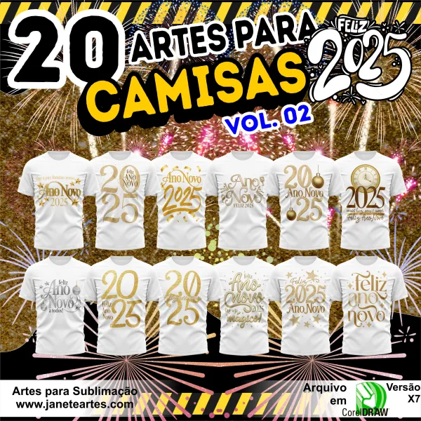 Kit 20 Artes Vetor Camisa Ano Novo Réveillon 2025