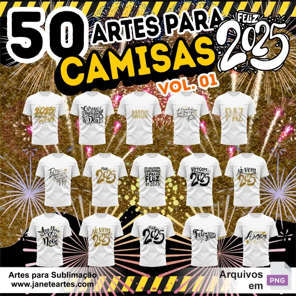 Kit 50 Estampas Camisa de Ano Novo 2025 PNG