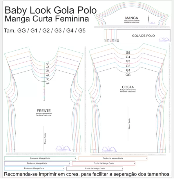 Molde de Costura Para Imprimir Camiseta - 23 - Baby look Gola Polo Tradicional (GG ao G5)