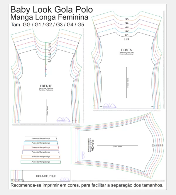Molde de Costura Para Imprimir Camiseta - 24 - Baby look Gola Polo Tradicional Manga Longa (GG ao G5)