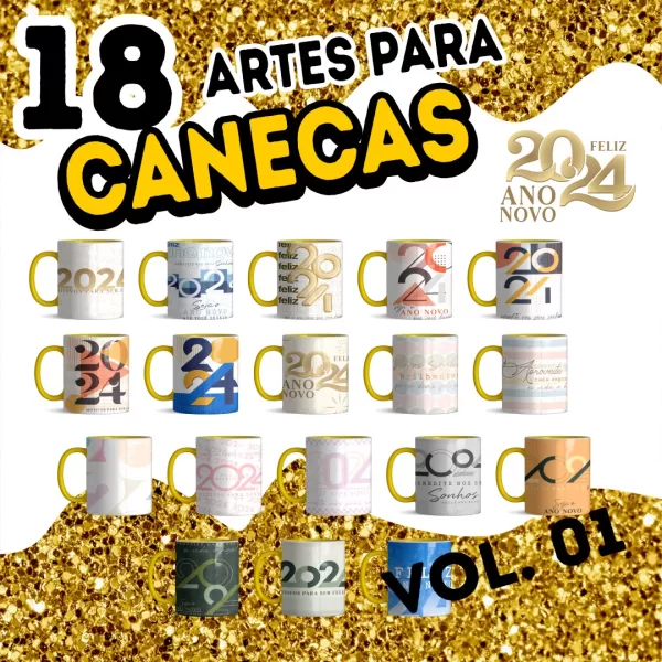 Pacote de Artes Canecas Personalizadas Ano Novo 2024 V23 Completo